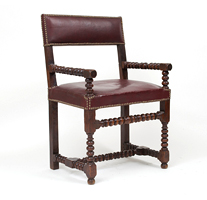 Garden Court Antiques Bobbin turned walnut armchair with red leather upholstery & nailhead trim, French, circa 1800. - San Francisco