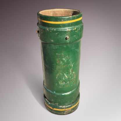 Garden Court Antiques, San Francisco Green leather and cork English naval Artillery bucket, circa 1880.