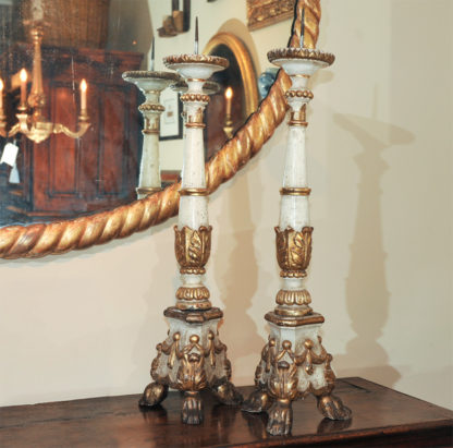 Lovely pair of large scale carved paint and parcel gilt Italian pricket sticks circa 1860
