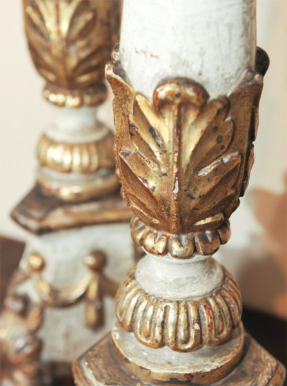 Lovely pair of large scale carved paint and parcel gilt Italian pricket sticks circa 1860