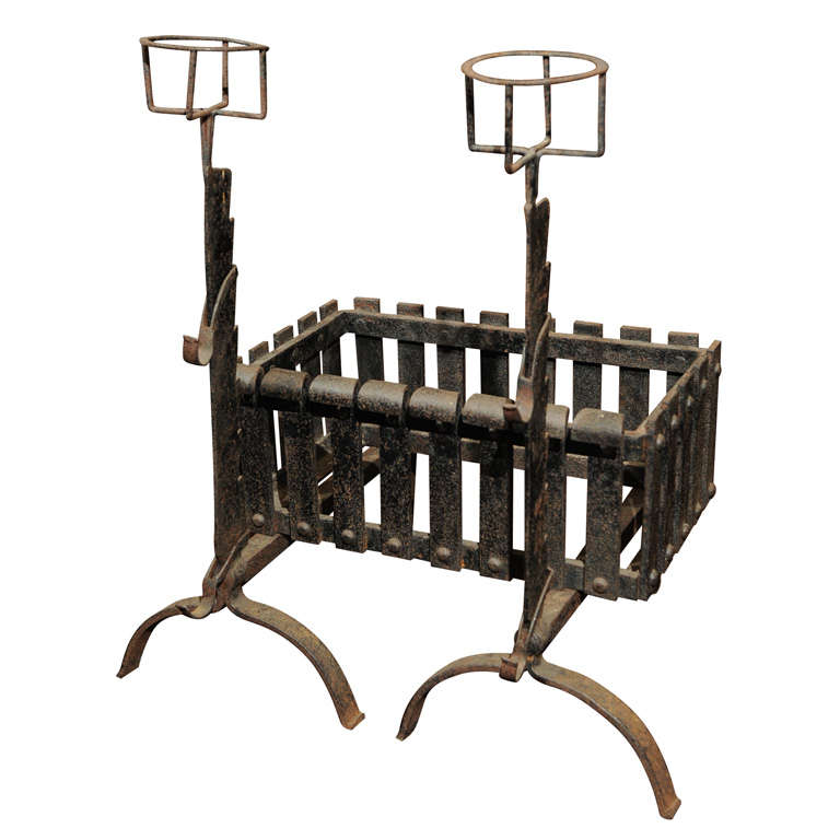 Garden Court Antiques - Iron Firedogs with Log Basket; English circa 1880