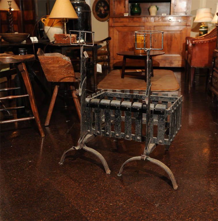 Garden Court Antiques - Iron Firedogs with Log Basket; English circa 1880