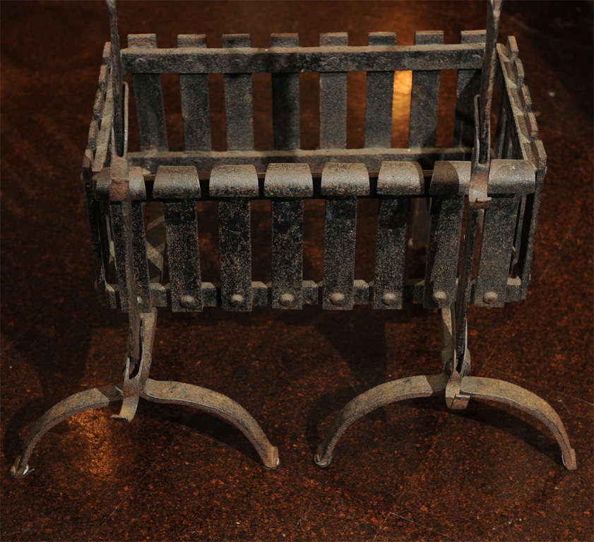 Garden Court Antiques - Iron Firedogs with Log Basket; English circa 1880