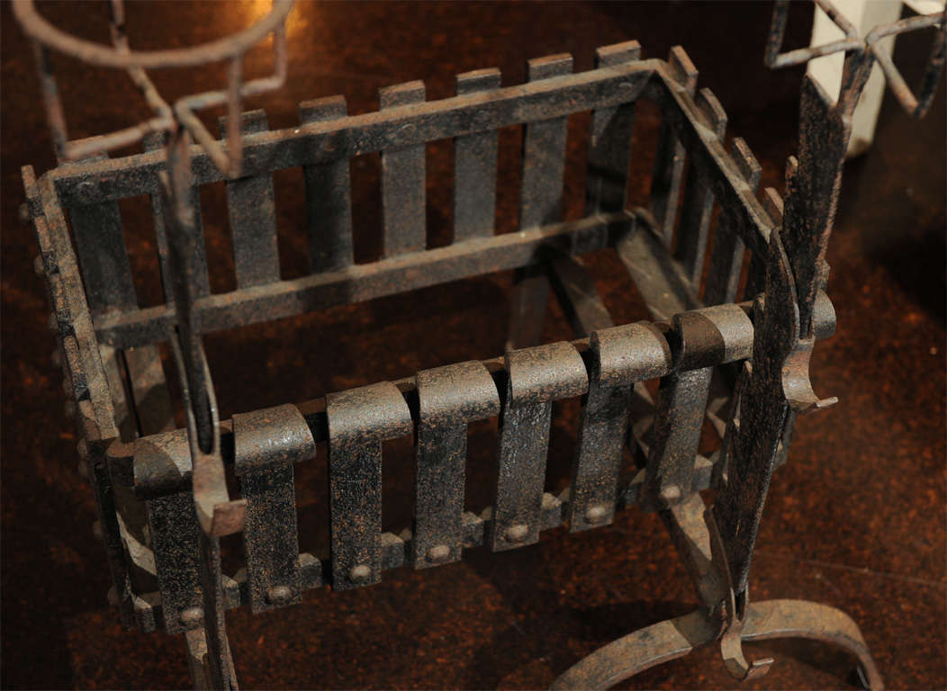 Garden Court Antiques - Iron Firedogs with Log Basket; English circa 1880