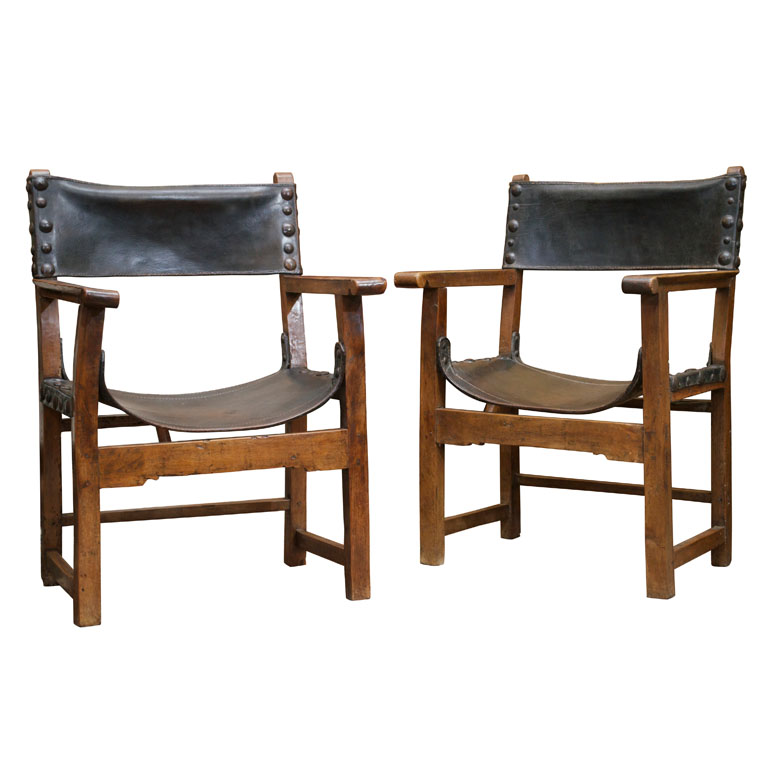 Pair Of Spanish Baroque Chestnut And, Spanish Leather Chair
