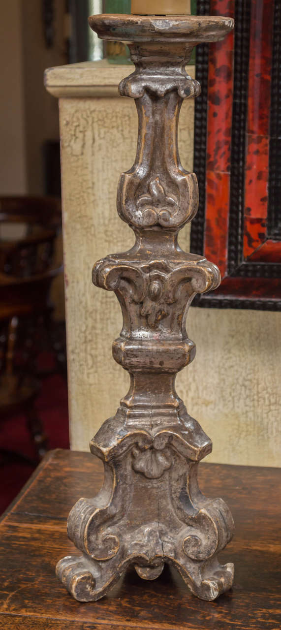 Silver gilt pricket stick, French, circa 1860 mounted as a table lamp.