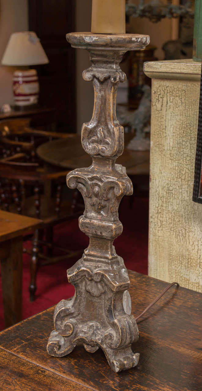 Silver gilt pricket stick, French, circa 1860 mounted as a table lamp.