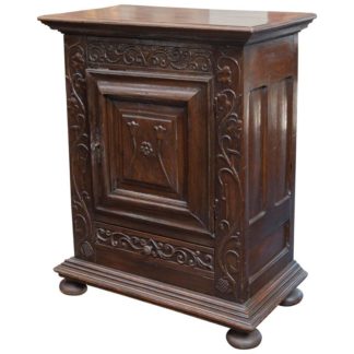 Garden Court Antiques, San Francisco - French carved front oak commodini with single door and single drawer; scrolling vine and tulip carvings, circa 1720
