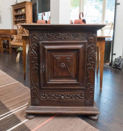 Garden Court Antiques, San Francisco - French carved front oak commodini with single door and single drawer; scrolling vine and tulip carvings, circa 1720