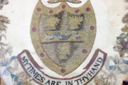 Garden Court Antiques, San Francisco -"Arms of Aldridge" Framed Stitchwork in Oval Giltwood Frame; English circa 1790