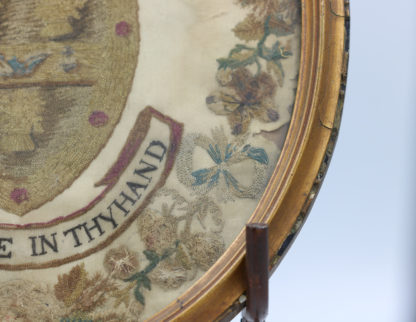 Garden Court Antiques, San Francisco -"Arms of Aldridge" Framed Stitchwork in Oval Giltwood Frame; English circa 1790