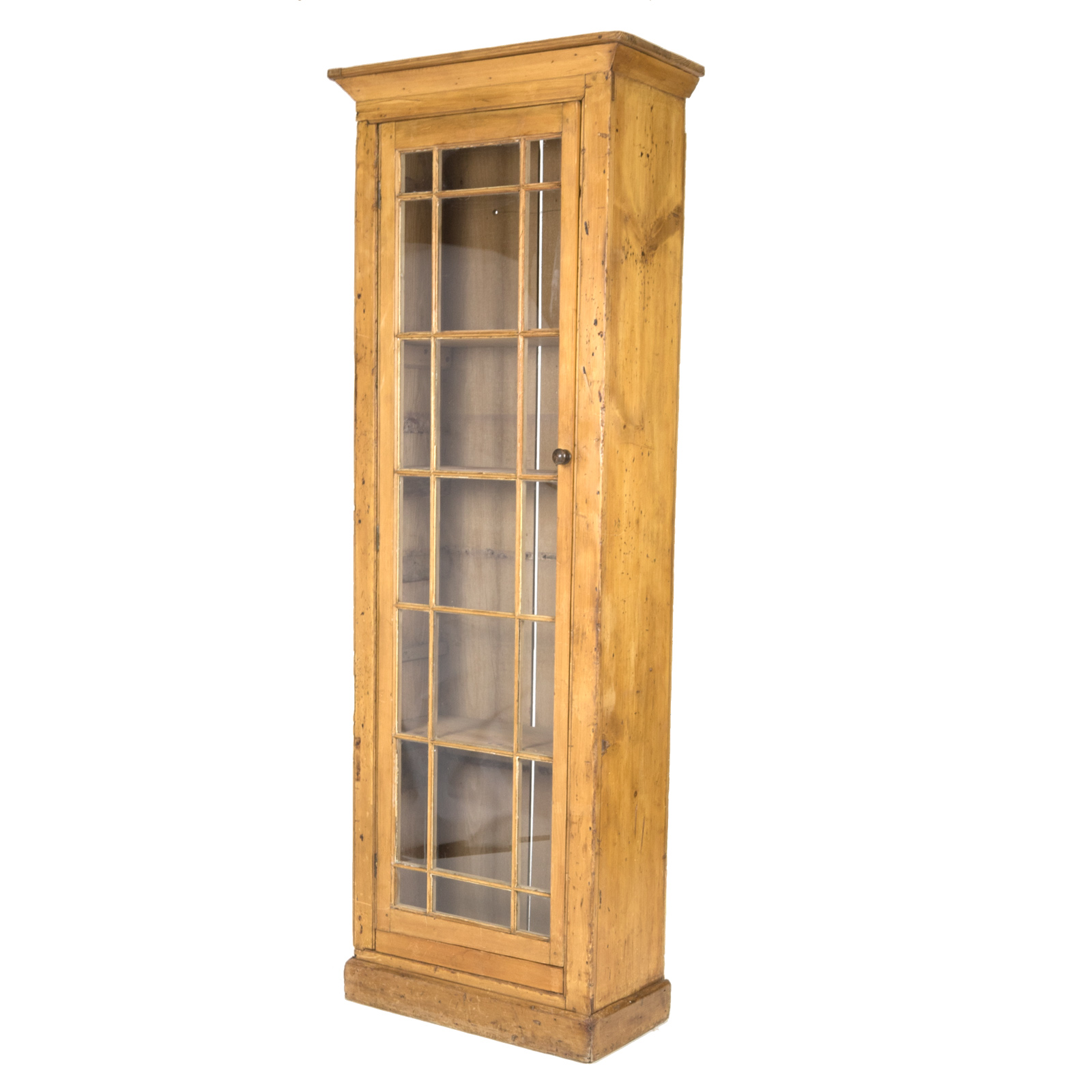 Vintage Narrow Pine Display Cabinet, Narrow Bookcase With Glass Doors