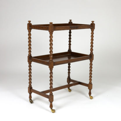 Handsome English Oak Bar Cart With Carved Barley Twist Columns And Brass Casters, Circa 1880. Garden Court Antiques, San Francisco