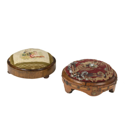 Near Pair Of Charming Round Upholstered Walnut Foot Stools, French Circa 1800 Garden Court Antiques, San Francisco