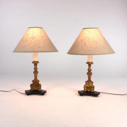 Pair Of Small Scale Carved Giltwood Pricket Sticks, French Circa 1780 Mounted And Wired As Table Lamps With Custom Shades. Garden Court Antiques, San Francisco
