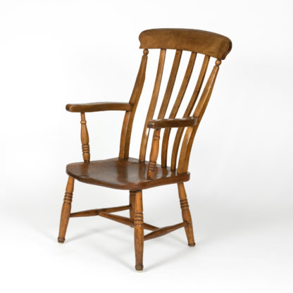 English Elm Vertical Slat back armchair circa 1890 with turned legs and H-stretcher Garden Court Antiques, San Francisco
