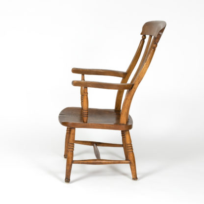 English Elm Vertical Slat back armchair circa 1890 with turned legs and H-stretcher Garden Court Antiques, San Francisco