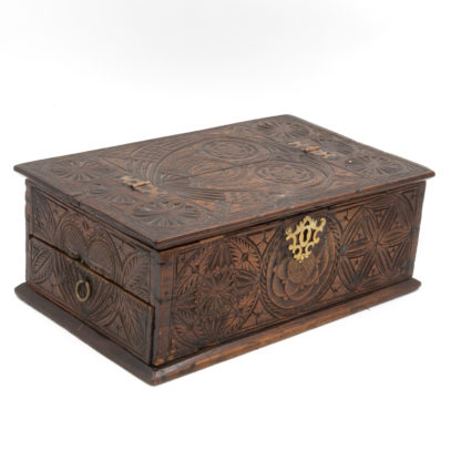 A 17th Century Carved Oak Box With Side Drawer Dated 1655.. Garden Court Antiques, San Francisco
