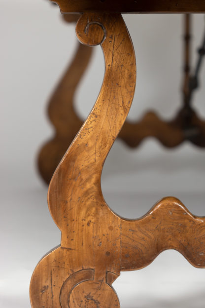 An Impressive Italian Burl Ash and Walnut Trestle Table with Harp-Shaped Bases and Wrought Iron Stretcher, Circa 1880