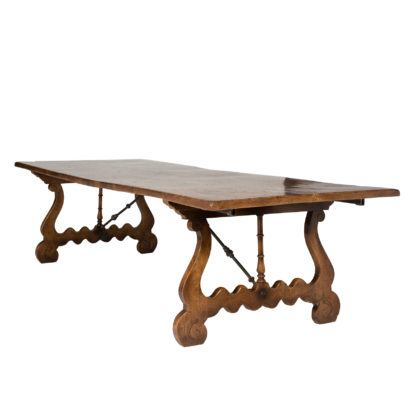 An Impressive Italian Burl Ash and Walnut Trestle Table with Harp-Shaped Bases and Wrought Iron Stretcher, Circa 1880