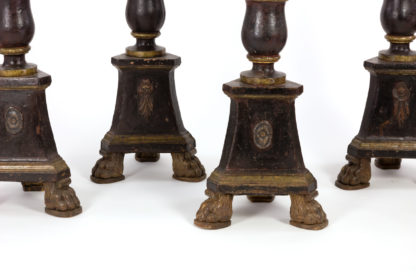 Four Large-Scale 17th Century Black & Gilt Painted Pricket Stands, English. Garden Court Antiques, San Francisco