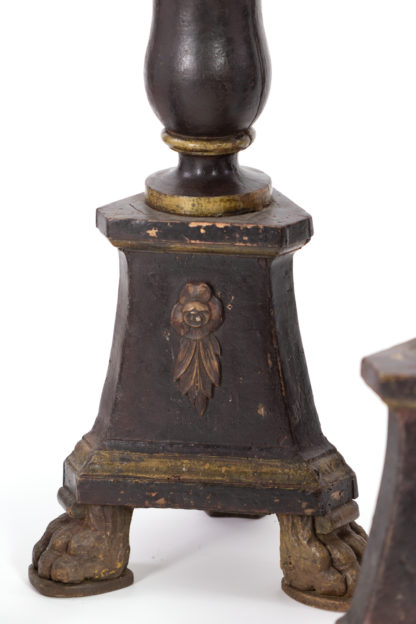 Four Large-Scale 17th Century Black & Gilt Painted Pricket Stands, English. Garden Court Antiques, San Francisco