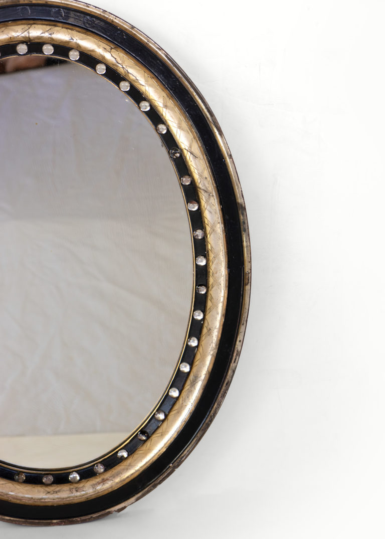 Antique Irish Oval Mirror Ebonized & Gilded w Glass Facets 19th Century