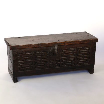 Baroque Period Spanish Walnut Coffer With Geometric Carved Front And Original Hardware; Spain, Circa 1650.