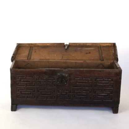 Baroque Period Spanish Walnut Coffer With Geometric Carved Front And Original Hardware; Spain, Circa 1650.