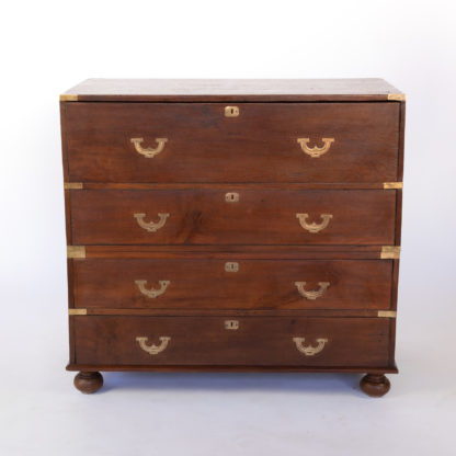 Handsome Teak Secretaire Two-Part Campaign Chest With Ornate Flush Falling Brass Pulls, Inset Brass Supports; English Circa 1860.