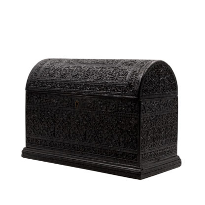 Rare Anglo-Indian Intricately Carved Ebony Dome Top Tea Caddy; Ceylon, Circa 1840.