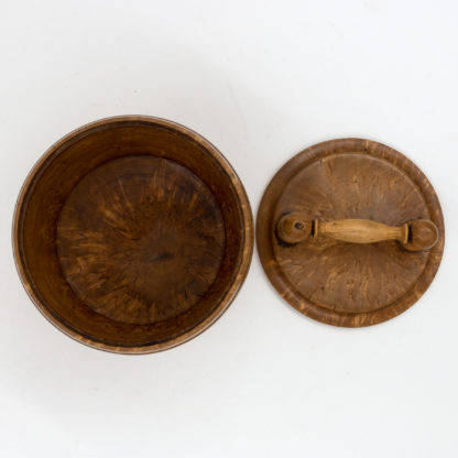 Round Carved Birch Treenware Tobacco Jar With Handle Top; English, Circa 1820.