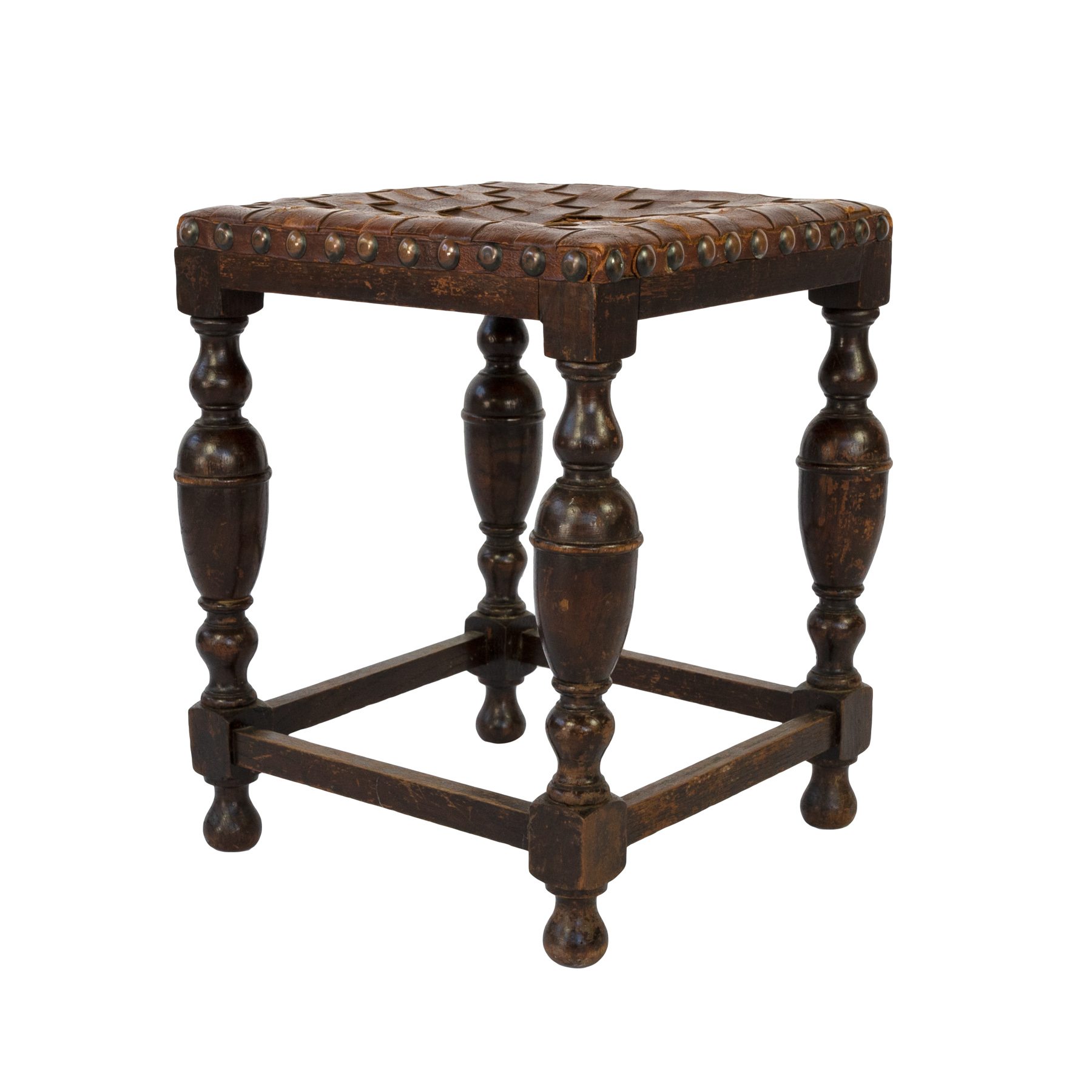 Vintage Square English Stool With Woven Strap Leather Seat Circa 1800