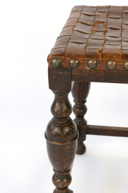Vintage English Square Oak Stool With Woven Strap Leather Seat, Circa 1800