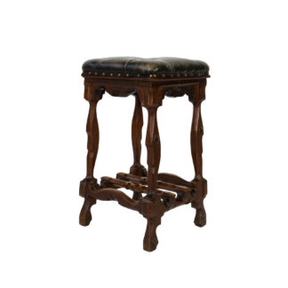 Arts And Crafts Period Square Stool Upholstered In Tufted Dark Leather, English, Circa 1880.