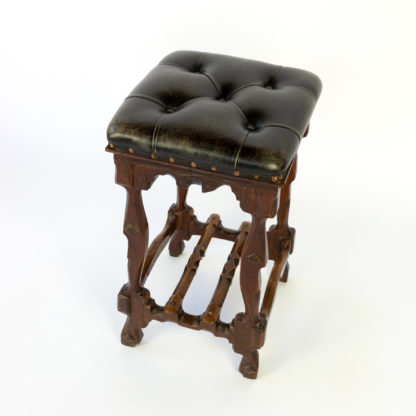Arts And Crafts Period Square Stool Upholstered In Tufted Dark Leather, English, Circa 1880.