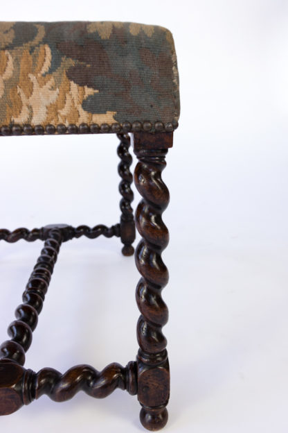 French Baroque Style Oak Barley Twist Stool with Tapestry Upholstery, Circa 1800.