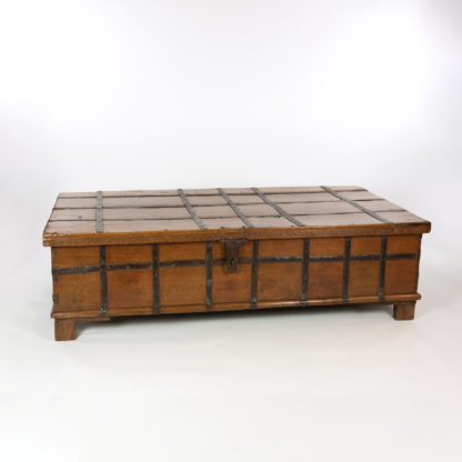 A Very Large & Good Quality, Anglo-Indian Solid Teak And Iron Strapwork Trunk On Square Feet, Iron Hinges, India, Circa 1860.