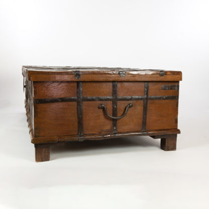 A Very Large & Good Quality, Anglo-Indian Solid Teak And Iron Strapwork Trunk On Square Feet, Iron Hinges, India, Circa 1860.