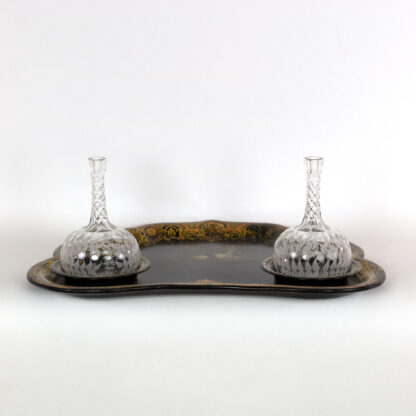 Victorian Black Painted & Gilt Papier-Mâché Tray & Two Crystal Decanters; English, Circa 1850