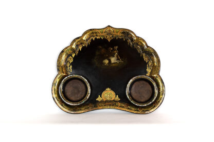 Victorian Black Painted & Gilt Papier-Mâché Tray & Two Crystal Decanters; English, Circa 1850
