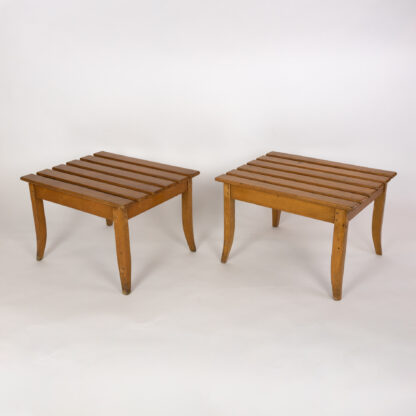 Pair Of Light Colored Fruitwood Slatted Luggage Racks With Saber Legs, English, Circa 1900