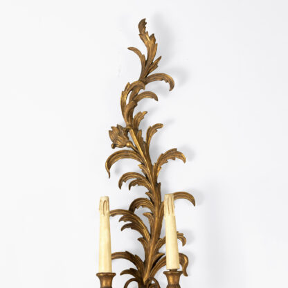 Pair of French Mid-20th Century Gilded Foliate-Form Two-Light Sconces.