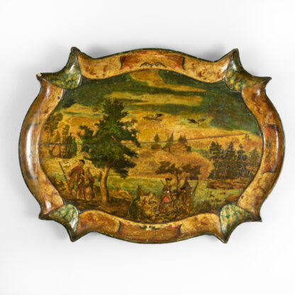 Vividly Painted Papier Mâché Tray with Pastoral Hunting Scene, French Circa 1840.
