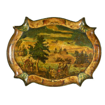 Vividly Painted Papier Mâché Tray with Pastoral Hunting Scene, French Circa 1840.
