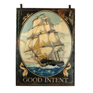Double Sided Painted Metal, Hanging Pub Sign, Depicting A Clipper Ship, “Good Intent”.