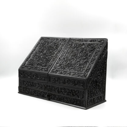 Impressive And Intricately Carved Solid Ebony Anglo-Indian Stationery Box, Circa 1850
