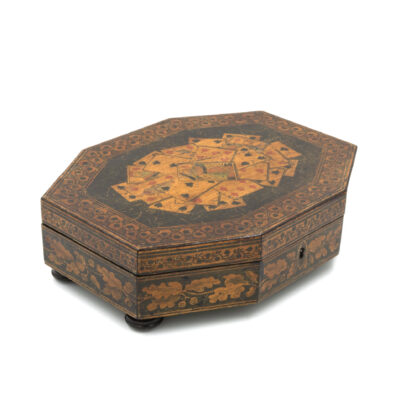 Penwork Games Box Decorated With Assorted Playing Cards On The Lid, English Circa 1840-50
