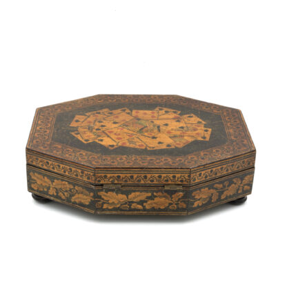 Penwork Games Box Decorated With Assorted Playing Cards On The Lid, English Circa 1840-50
