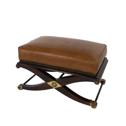 Spanish Savonarola Style Bench With Brown Leather Top, Over An X-Form Base, 20th Century.